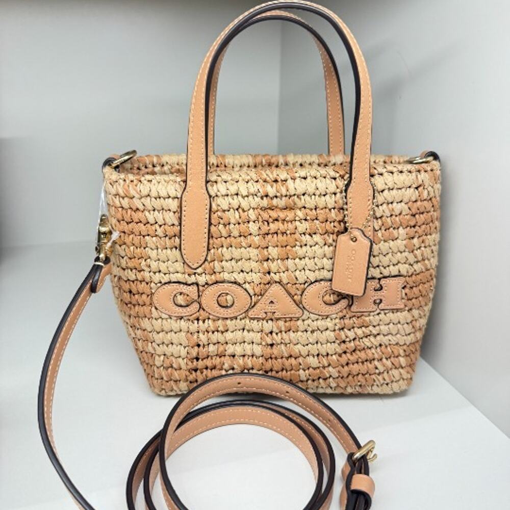 Coach City Mini Tote Bag With Gingham Print CEU31 straw/Gold/Tan